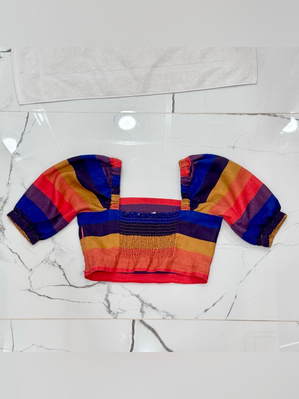 Farm Rio Rainbow Multicolor Striped Short Puff Sleeve Linen Crop Top Size Small - Picture 7 of 11